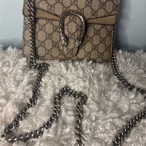 Gucci Beige and Brown Crossbody Bag with Silver Chain with COA
